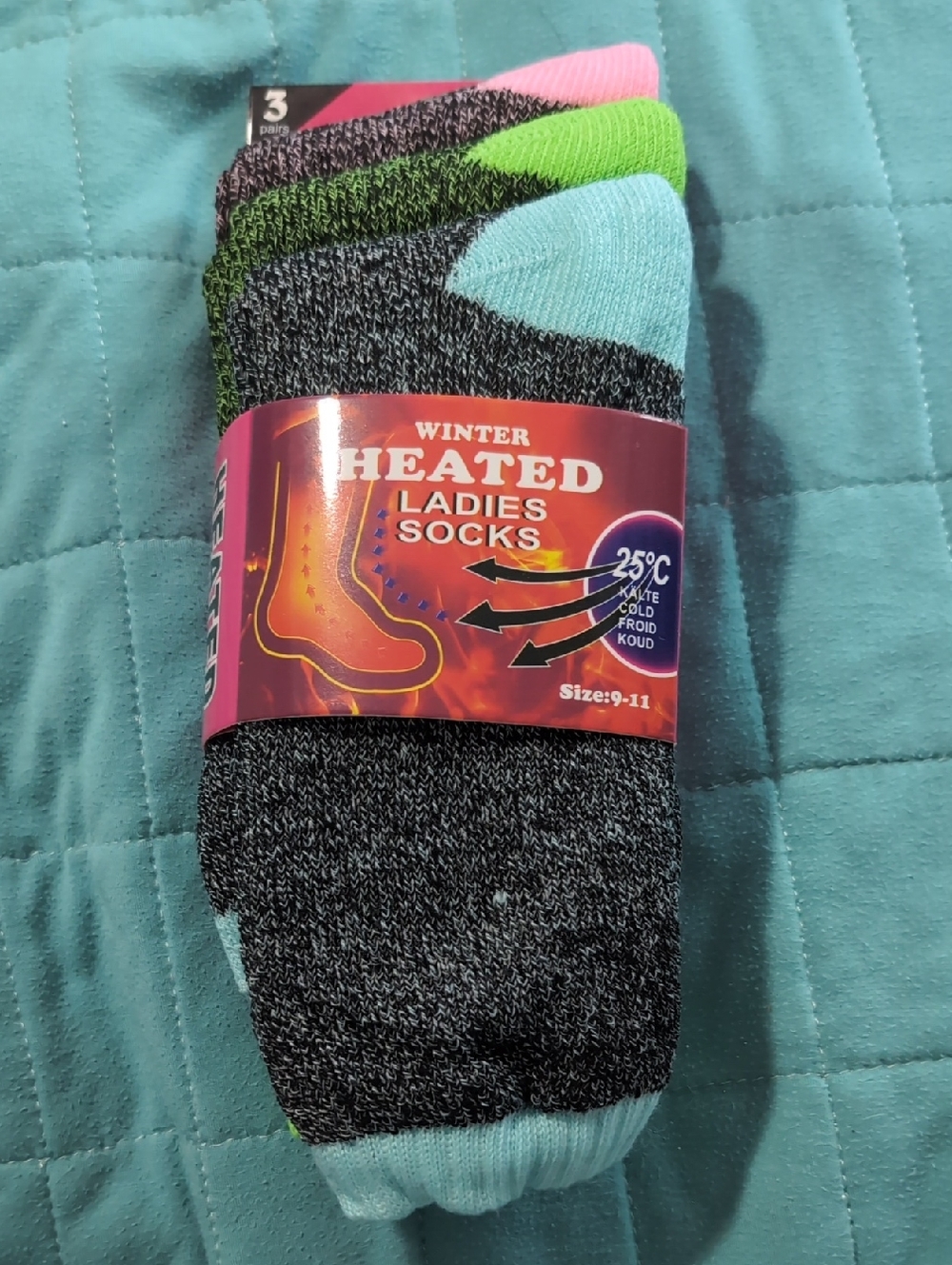 Heated Ladies Winter Socks - Grey with Mint, Green & Pink Accents